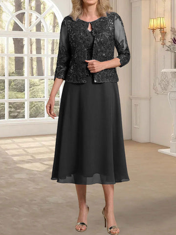 A-line Scoop Tea-Length Lace Chiffon Mother of the Bride Dress With Sequins