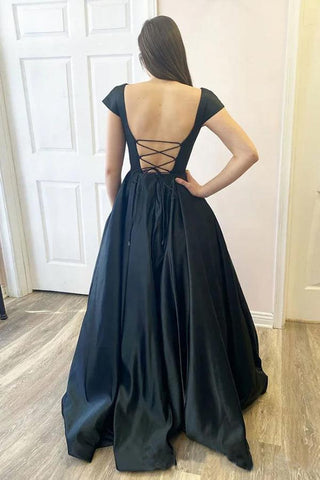 A Line Satin Open Black Cap Sleeves  Long Prom Dresses