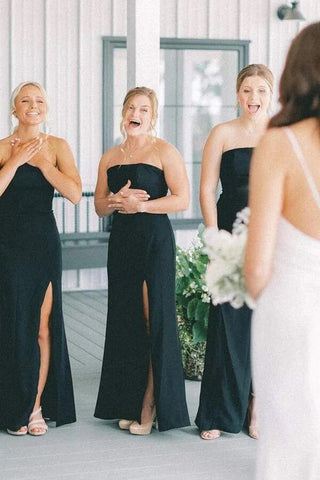 Black Satin Mermaid Sleeveless Long Bridesmaid Dresses With Slit
