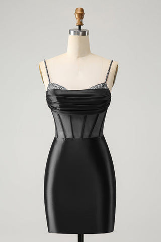 Robe de bal courte fuchsia moulante à corset plissé et perles