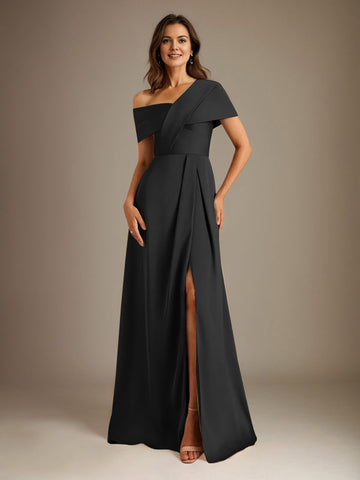 A-Line Asymmetrical Neckline Floor-Length Satin Mother of the Bride Dress With Pleated