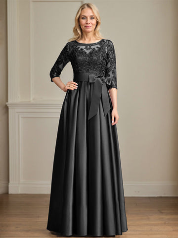A-line Scoop Illusion Floor-Length Satin Lace Mother of the Bride Dress With Sequins Bow