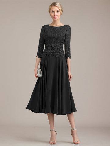 Vestido de corte A con escote redondo y largo hasta la rodilla en gasa de encaje para la madre de la novia 