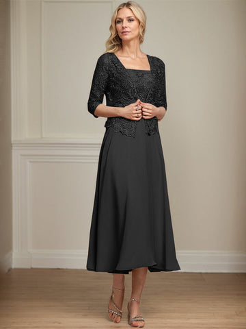 A-line Square Tea-Length Chiffon Lace Mother of the Bride Dress With Sequins Beading