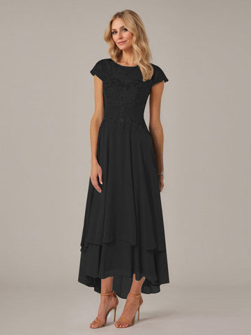 A-line Boat Neck Illusion Asymmetrical Chiffon Lace Mother of the Bride Dress With Applique Pleats