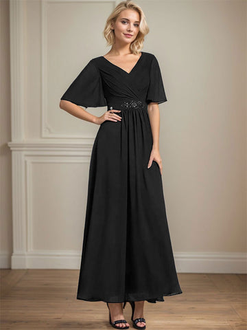 A-line V-Neck Ankle-Length Chiffon Mother of the Bride Dress With Pleated Beading Sequins
