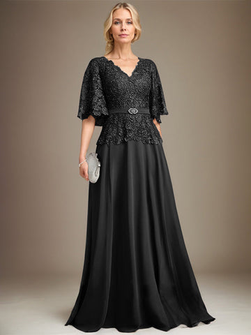 A-line V-Neck Floor-Length Chiffon Lace Mother of the Bride Dress With Crystal Brooch Rhinestone