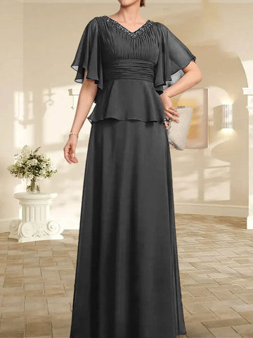 A-line V-Neck Floor-Length Chiffon Mother of the Bride Dress With Pleated Beading