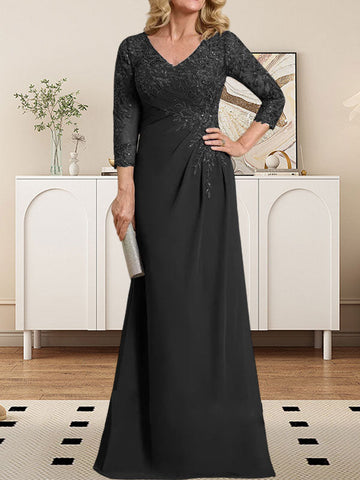 Sheath/Column V-Neck Illusion Floor-Length Lace Chiffon Mother of the Bride Dress With Pleated Sequins