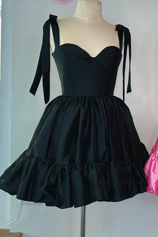 Vestido de fiesta de corte A con escote corazón, volantes y tirantes con lazo SYH104