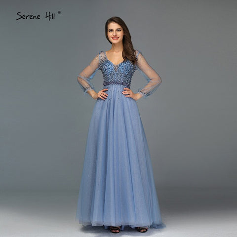 Blau Langen Ärmeln A-Line Abend Dressese Design 2025 V-ausschnitt Perlen Kristall Abendkleider Lange LA70143