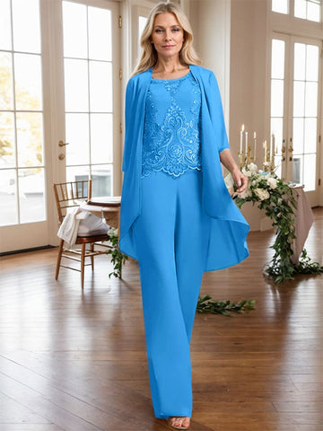 Separates Jumpsuit/Pantsuit Scoop Floor-Length Chiffon Lace Mother of the Bride Dress With Beading Sequins