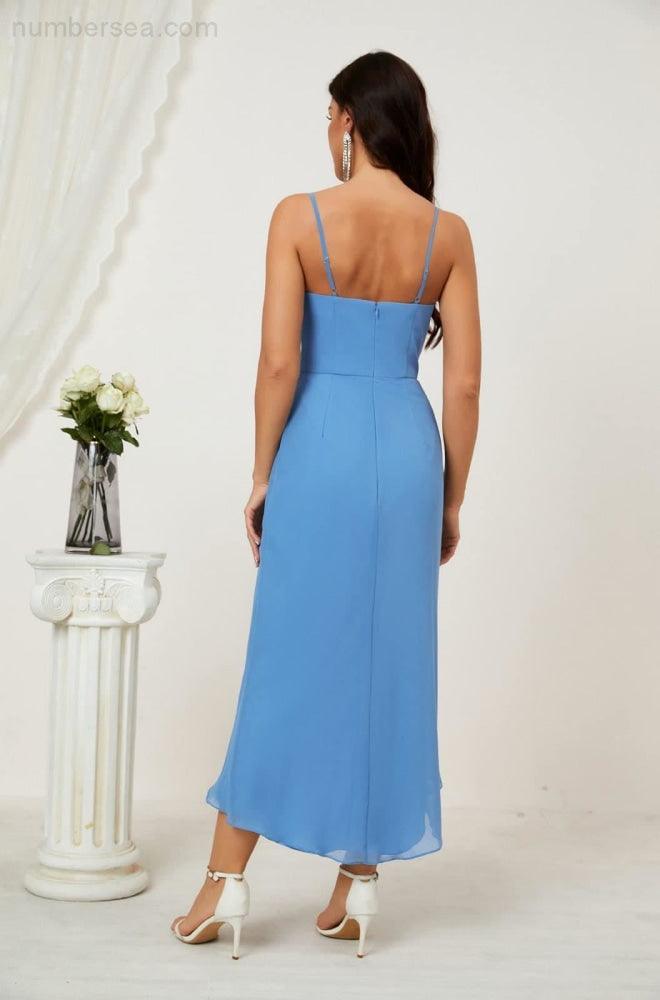 Spaghetti Chiffon V Neck Bridesmaid Dress Mid-Length Slit Formal Prom Dress Homecoming Dress 2803