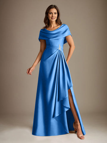 A-Line Scoop Floor-Length Stretch Satin Mother of the Bride Dress With Cascading Ruffles