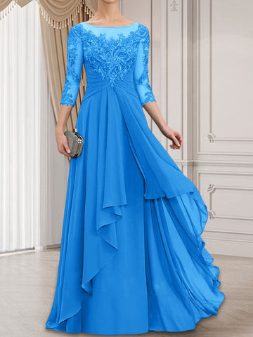 A-line Scoop Illusion Floor-Length Lace Chiffon Mother of the Bride Dress With Cascading Ruffles