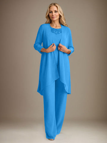 Chiffon Scoop Long Sleeves Mother Of The Bride Pantsuits With Jacket