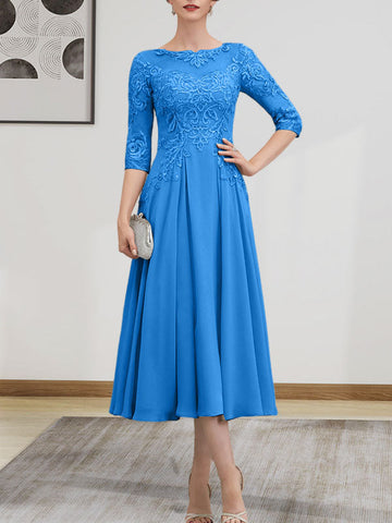 A-line Scoop Illusion Tea-Length Chiffon Lace Mother of the Bride Dress With Beading Sequins