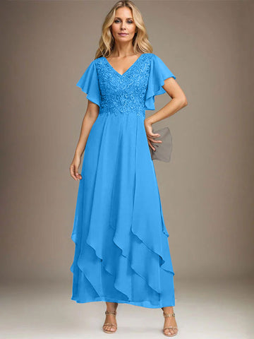 A-line V-Neck Ankle-Length Lace Chiffon Mother of the Bride Dress With Cascading Ruffles