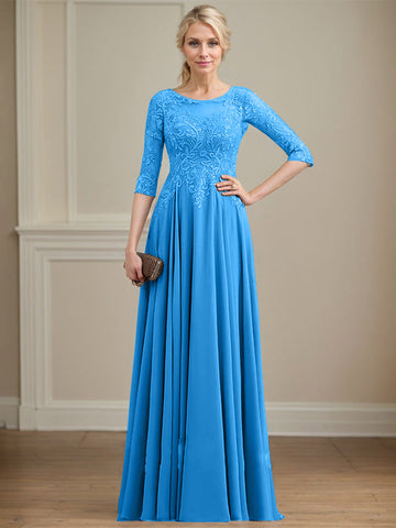 A-line Scoop Illusion Floor-Length Lace Chiffon Mother of the Bride Dress With Sequins