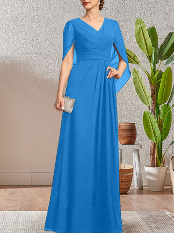 Dark Navy A-Line V-Neck Long Mother of Bride Dress