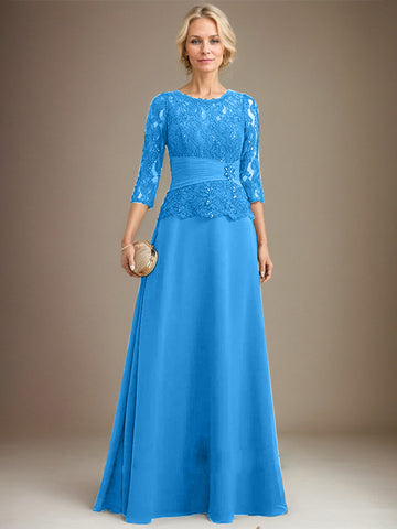A-line Scoop Illusion Floor-Length Chiffon Lace Mother of the Bride Dress With Pleated Sequins Beading