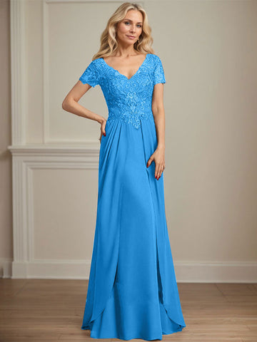 A-line V-Neck Floor-Length Lace Chiffon Mother of the Bride Dress With Cascading Ruffles Sequins