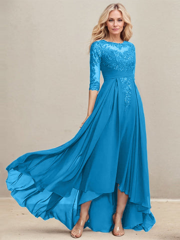A-line Scoop Illusion Asymmetrical Lace Chiffon Mother of the Bride Dress With Pleated Sequins