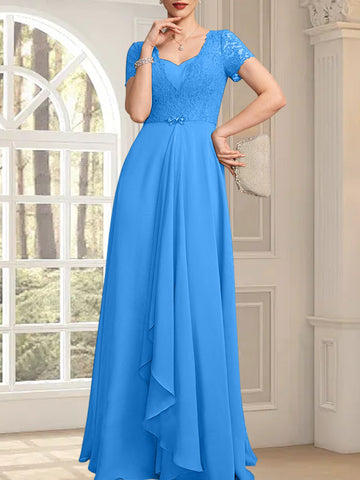 A-line Sweetheart Floor-Length Chiffon Lace Mother of the Bride Dress With Beading Cascading Ruffles