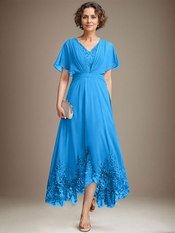 A-line V-Neck Asymmetrical Lace Chiffon Mother of the Bride Dress With Pleated