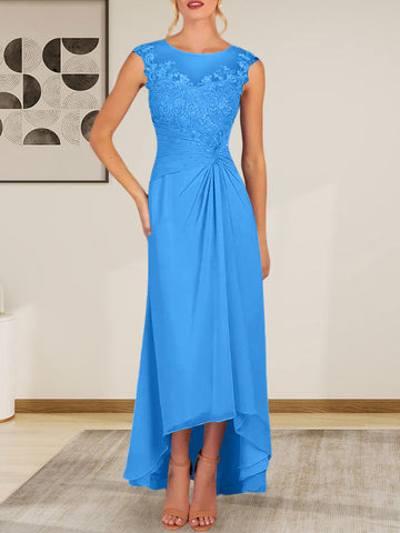 Vestido de gasa de encaje color champán, corte en A, escote redondo