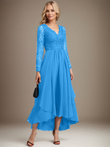 A-line V-Neck Asymmetrical Lace Chiffon Mother of the Bride Dress