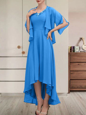 A-line V-Neck Asymmetrical Chiffon Mother of the Bride Dress With Beading Sequins