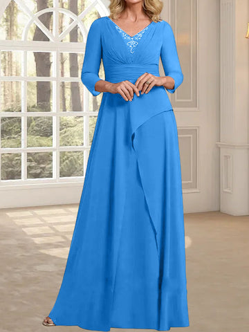 A-line V-Neck Floor-Length Chiffon Mother of the Bride Dress With Pleated Beading