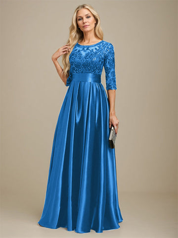 A-line Scoop Illusion Floor-Length Stretch Satin Lace Mother of the Bride Dress With Bow Sequins