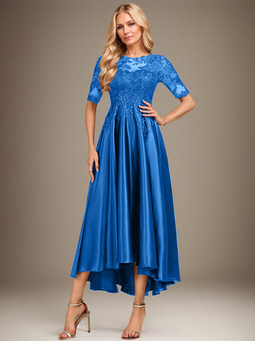 A-line Scoop Illusion Asymmetrical Stretch Satin Lace Mother of the Bride Dress With Sequins