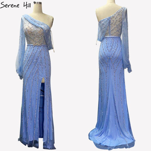 Blue Dubai One Shoulder Sexy Split Evening Dresses Luxury Beaded Crystal Sparkle Formal 2025 LA70258