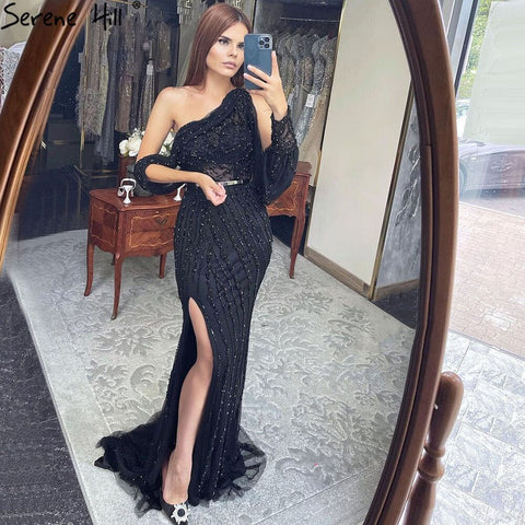 Blue Dubai One Shoulder Sexy Split Evening Dresses Luxury Beaded Crystal Sparkle Formal 2025 LA70258