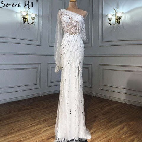 Blue Dubai One Shoulder Sexy Split Evening Dresses Luxury Beaded Crystal Sparkle Formal 2025 LA70258