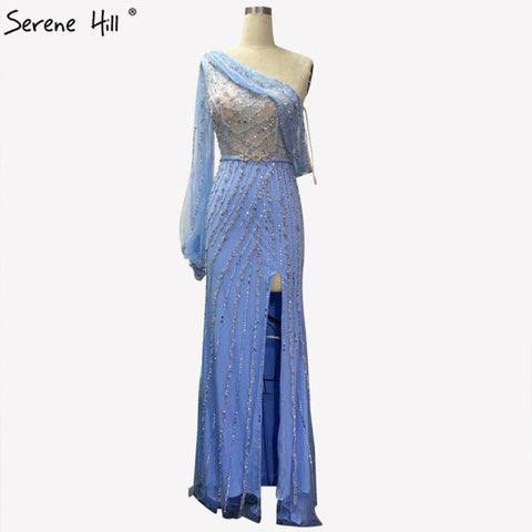 Blue Dubai One Shoulder Sexy Split Evening Dresses Luxury Beaded Crystal Sparkle Formal 2025 LA70258