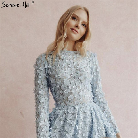 Sale Blue Flowers Evening Dresses 2025 Muslim Long Sleeves Ankle length Midi Dresses  Evening Gowns LA60905