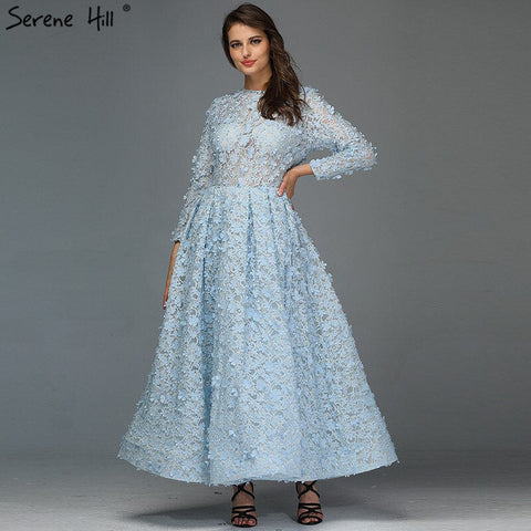 Sale Blue Flowers Evening Dresses 2025 Muslim Long Sleeves Ankle length Midi Dresses  Evening Gowns LA60905
