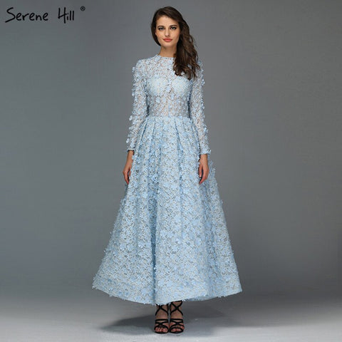 Sale Blue Flowers Evening Dresses 2025 Muslim Long Sleeves Ankle length Midi Dresses  Evening Gowns LA60905