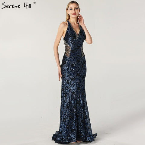 On Sale no return no refund Sale Blue Halter Sleeveless Dubai Design Evening Dresses Real Photo Beading Lace Sexy Evening Gowns 2025 LA60818