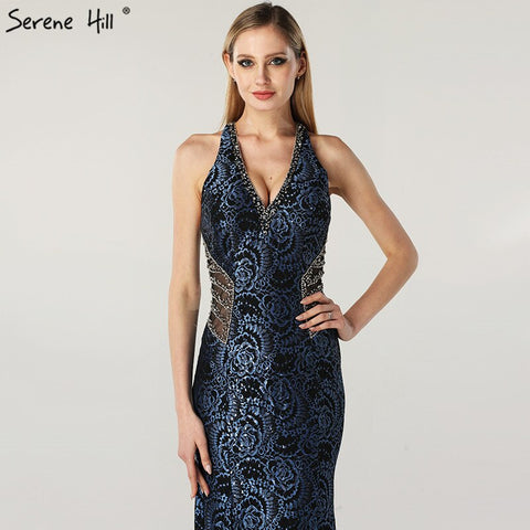 On Sale no return no refund Sale Blue Halter Sleeveless Dubai Design Evening Dresses Real Photo Beading Lace Sexy Evening Gowns 2025 LA60818