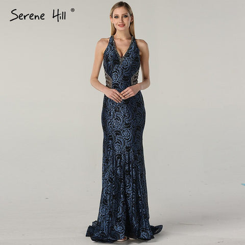 On Sale no return no refund Sale Blue Halter Sleeveless Dubai Design Evening Dresses Real Photo Beading Lace Sexy Evening Gowns 2025 LA60818