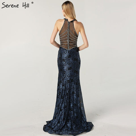 On Sale no return no refund Sale Blue Halter Sleeveless Dubai Design Evening Dresses Real Photo Beading Lace Sexy Evening Gowns 2025 LA60818