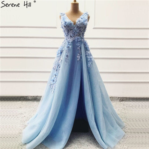 On Sale no return no refund Sale Blue Handmade Flowers Diamonds V-Neck Evening Dresses Sleeveless Sexy A-Line Formal Dress 2025 LA60867