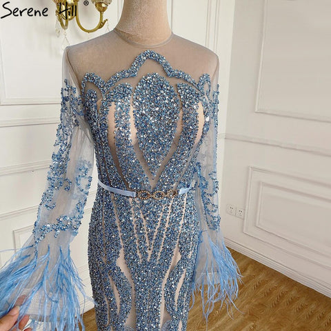 Blue  Long Sleeve Feathers beaded Evening Dresses Dubai Mermaid Luxury Evening Gowns 2025 LA60932