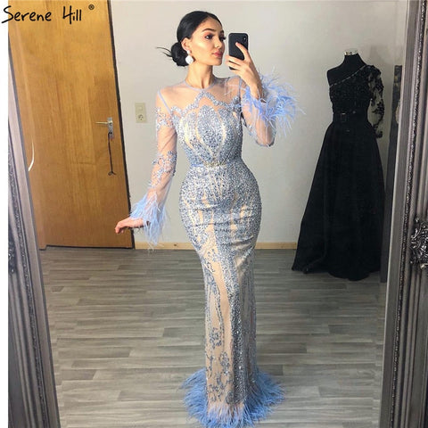 Blue  Long Sleeve Feathers beaded Evening Dresses Dubai Mermaid Luxury Evening Gowns 2025 LA60932