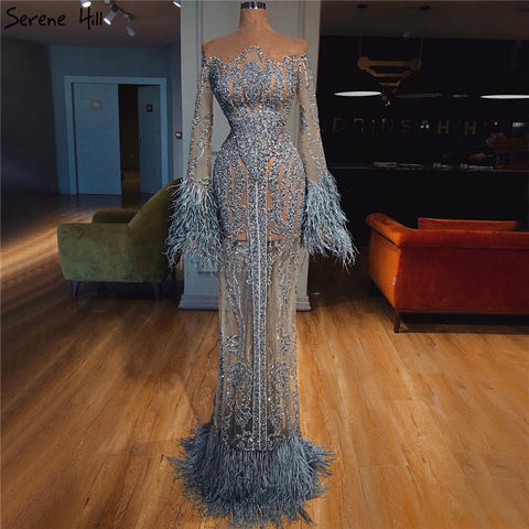 Blue  Long Sleeve Feathers beaded Evening Dresses Dubai Mermaid Luxury Evening Gowns 2025 LA60932
